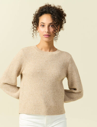 Pull manches longues col rond &agrave; sequins creme femme