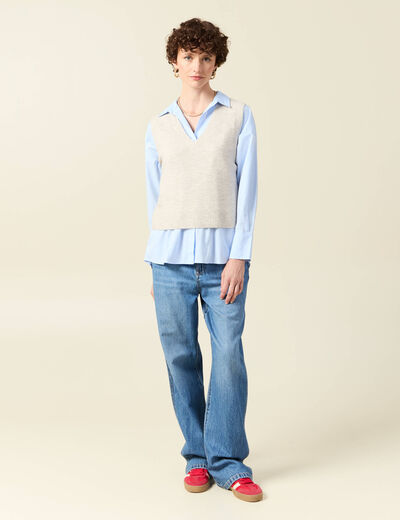 Pull sans manches col en V creme femme