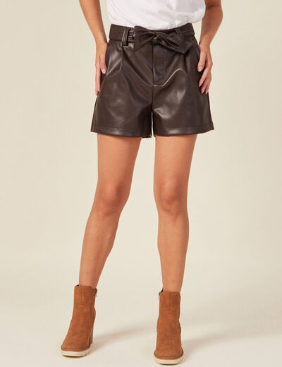 Short similicuir ceinturé marron foncé femme