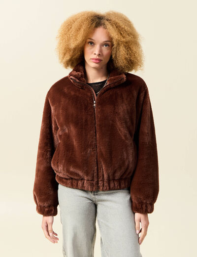 Veste droite courte col montant marron femme