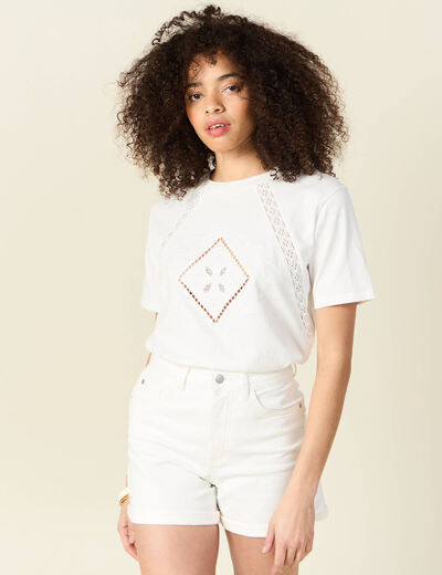 T-shirt manches courtes brodé ecru femme