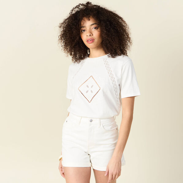 T-shirt manches courtes brodé ecru femme