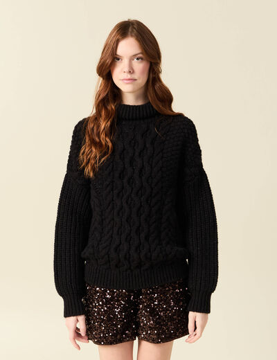 Pull manches longues col roul&eacute; brillant noir femme