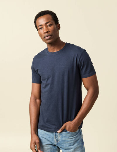 T-shirt ajust&eacute; col rond manches courtes bleu marine homme
