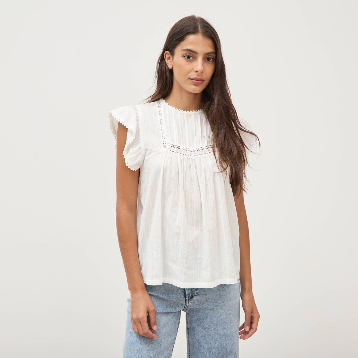 Top col rond manches courtes en coton ecru femme