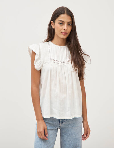 Top col rond manches courtes en coton ecru femme