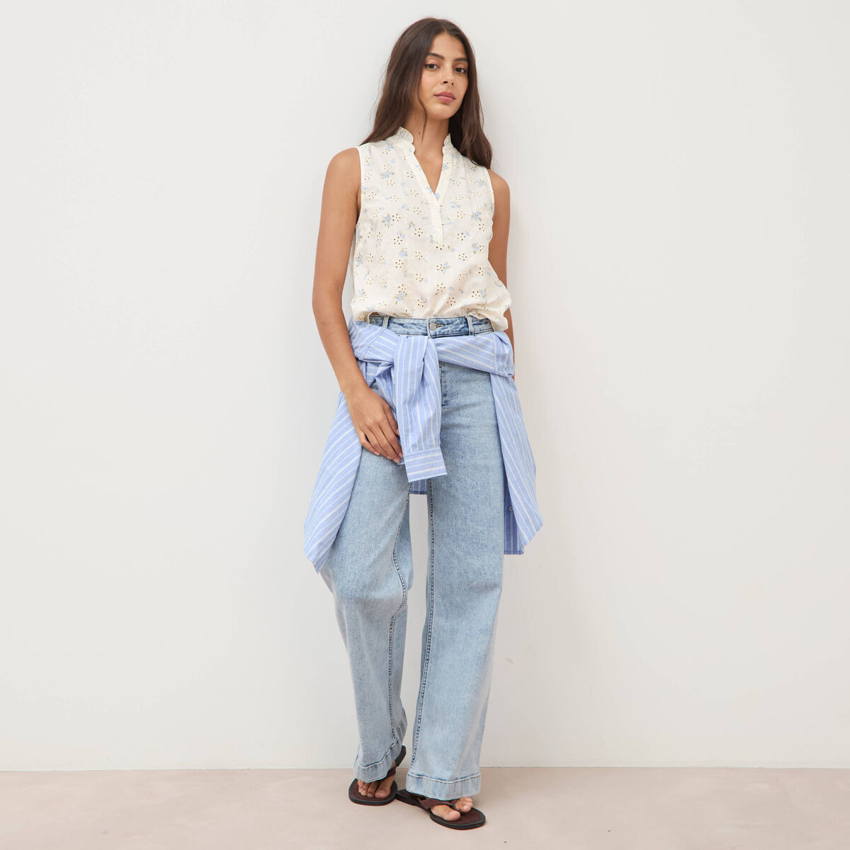 Blouse droite sans manches col montant bleu femme