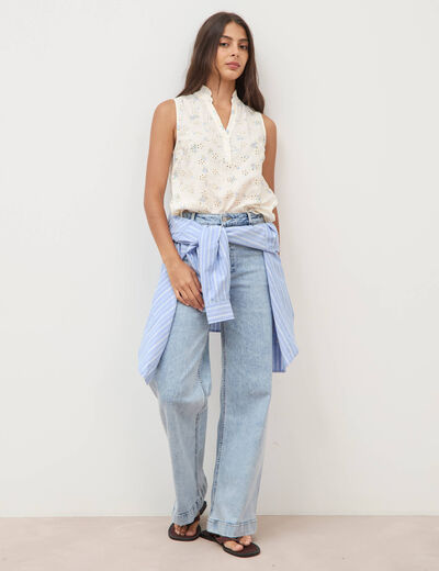 Blouse droite sans manches col montant bleu femme