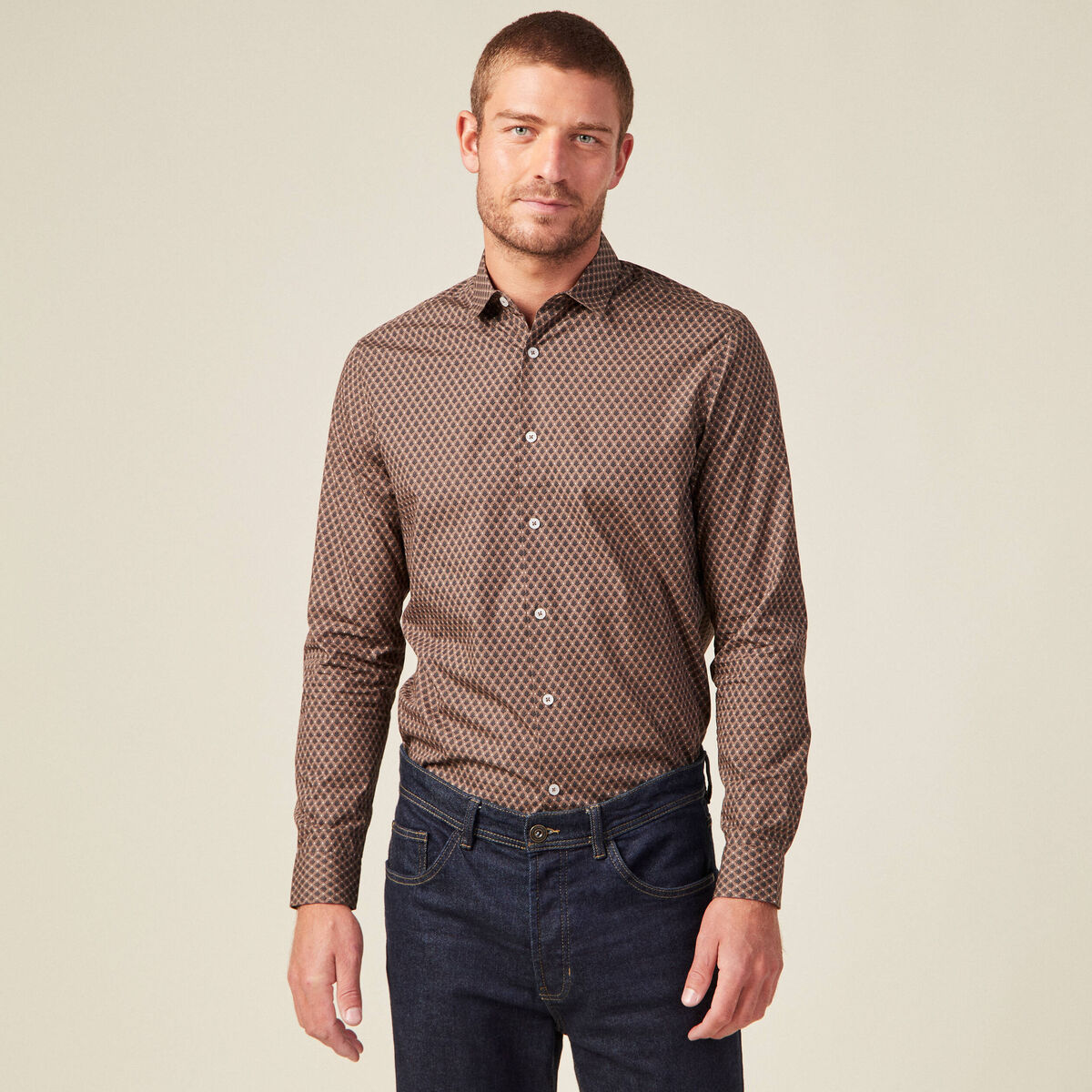 Chemise en coton manches longues marron homme