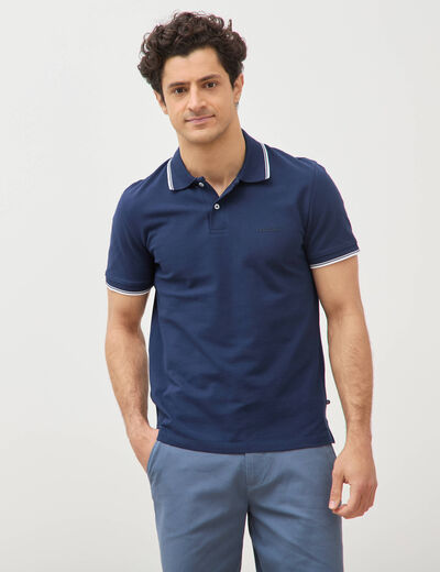 Polo cintr&eacute; en coton manches courtes bleu marine homme