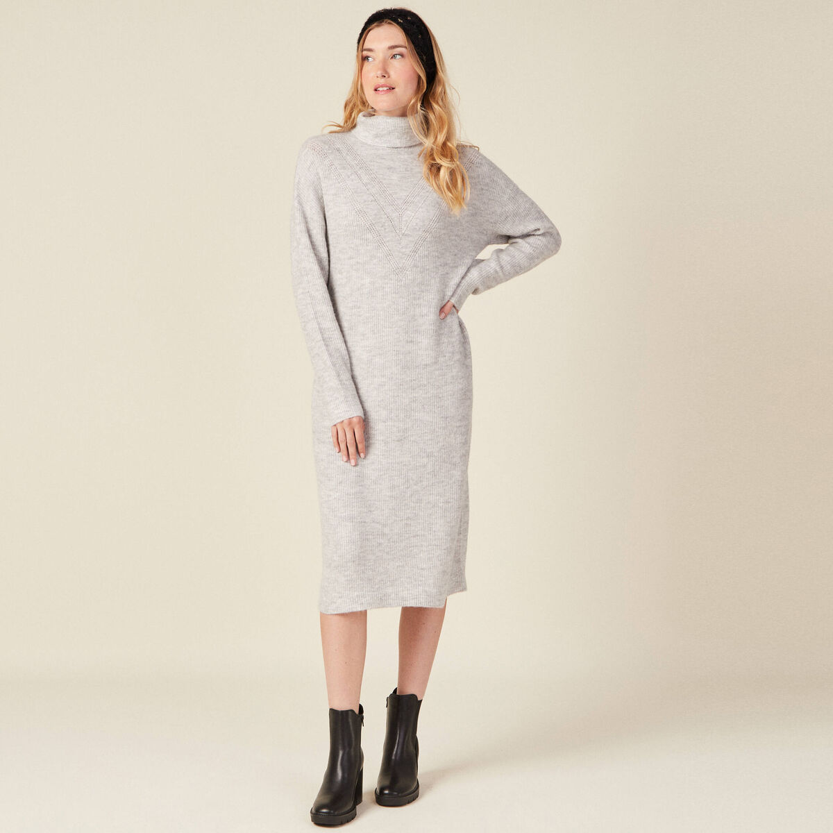 Robe pull longue col roulé gris femme