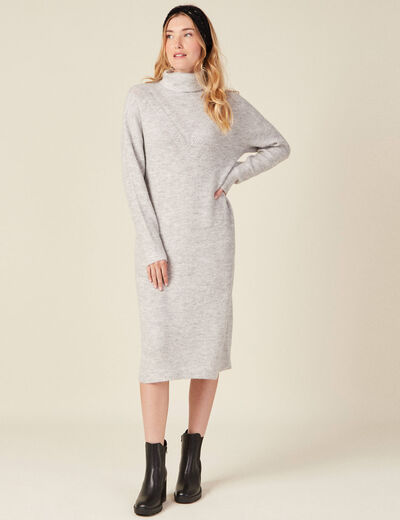 Robe pull longue col roulé gris femme