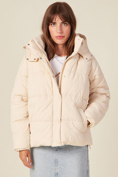 Doudoune droite à capuche beige femme