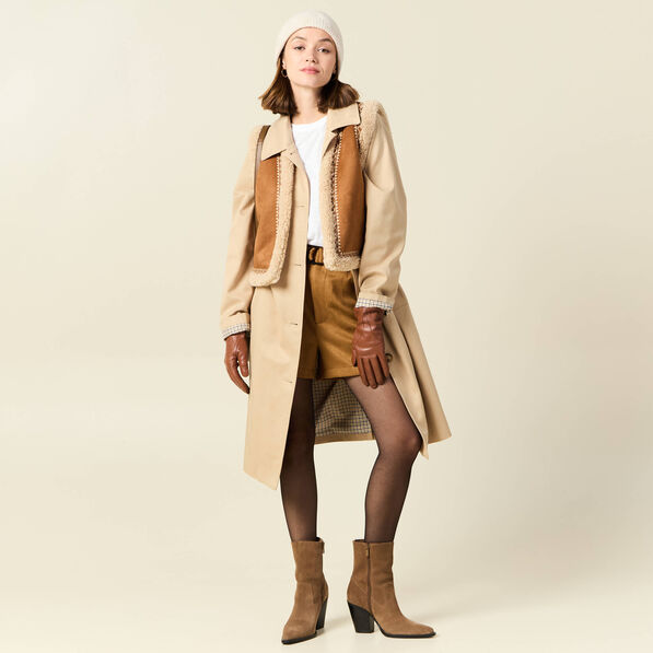 Short droit ceinturé suédine marron femme