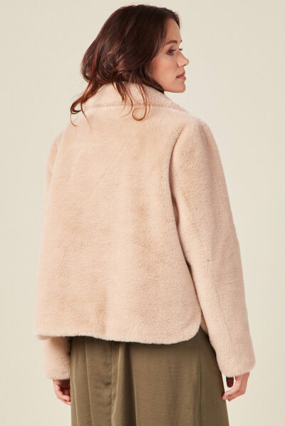 Manteau droit fausse fourrure beige femme