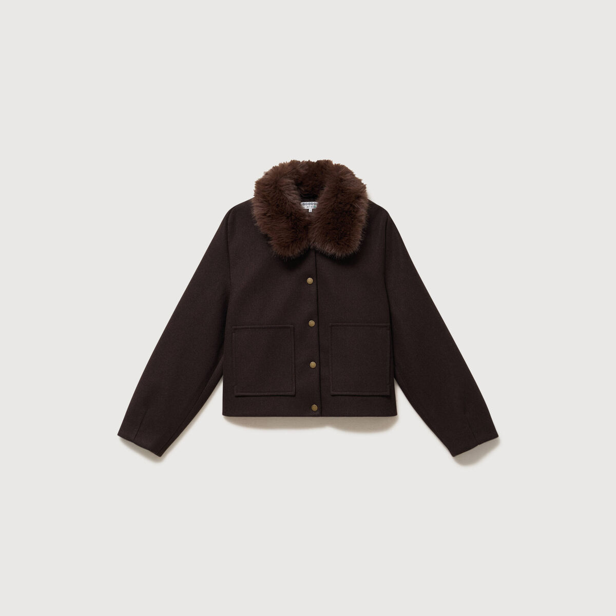 Blouson court oversize col sherpa marron fonc&eacute; femme