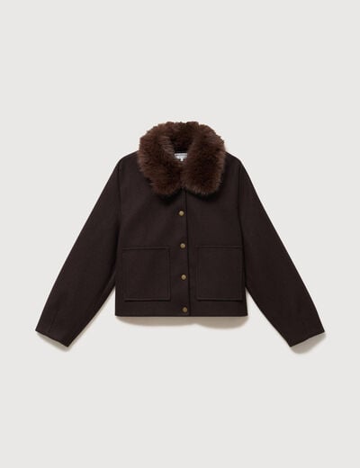 Blouson court oversize col sherpa marron fonc&eacute; femme