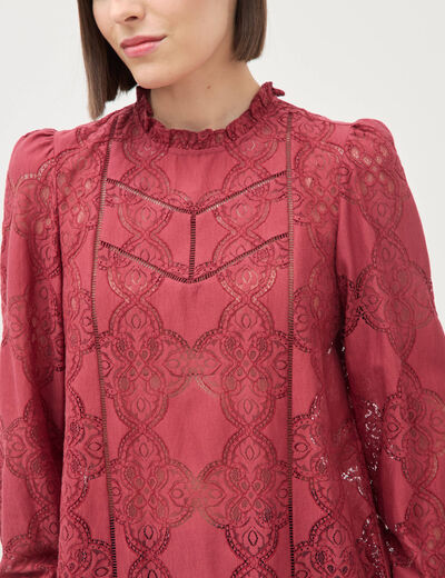 Blouse cintr&eacute;e dentelle manches longues rouge fonc&eacute; femme