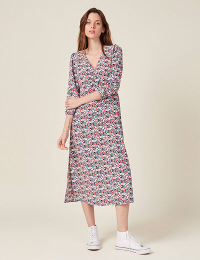 Robe cintr&eacute;e col v manches longues bleu marine femme