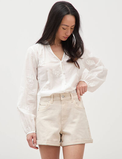 Short mom taille haute denim blanc femme