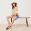 T-shirt brod&eacute; col rond manches 3/4 beige femme
