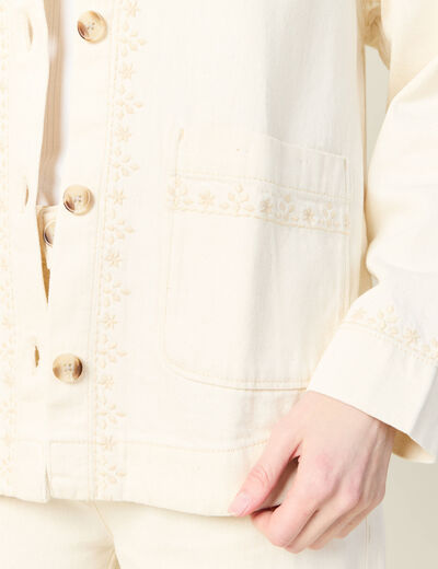 Blouson boutonné brodé denim blanc femme