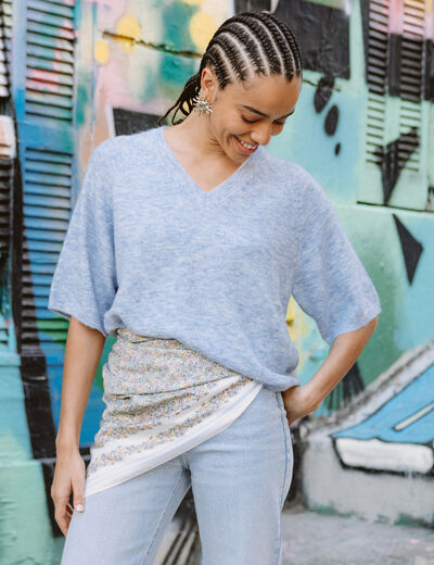 Pull col v manches 3/4 bleu ciel femme