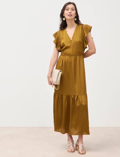 Robe fluide col v manches courtes vert olive femme
