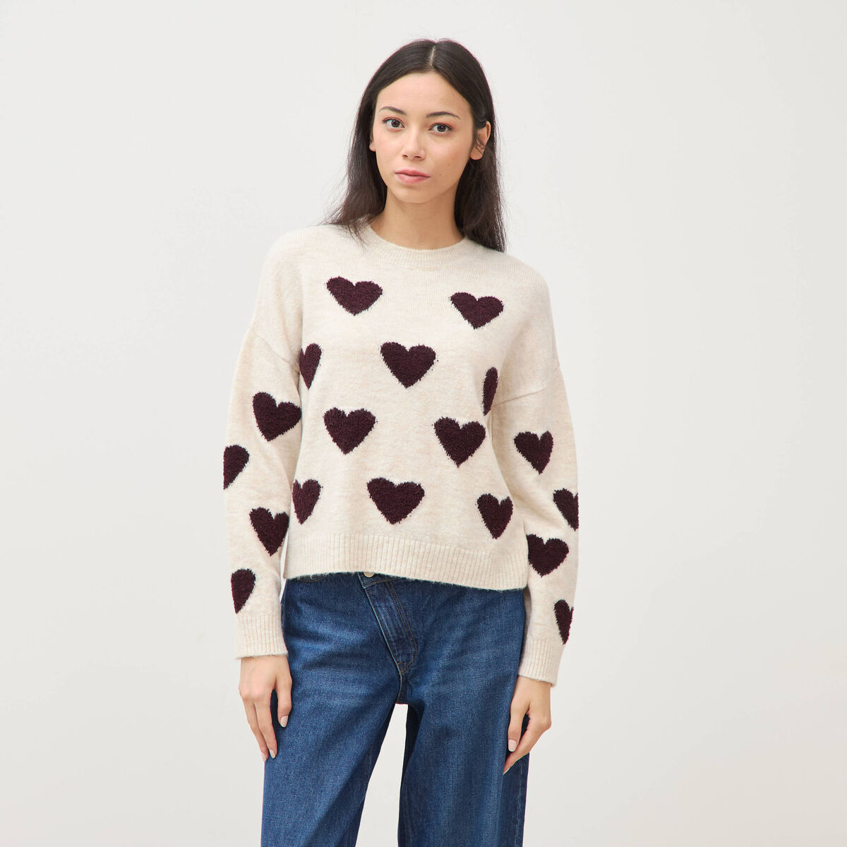 Pull manches longues bouclette col rond prune femme
