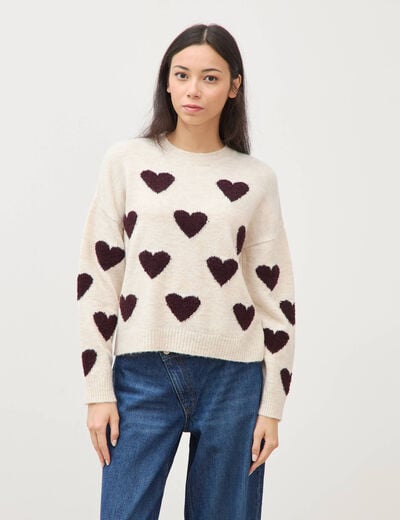 Pull manches longues bouclette col rond prune femme