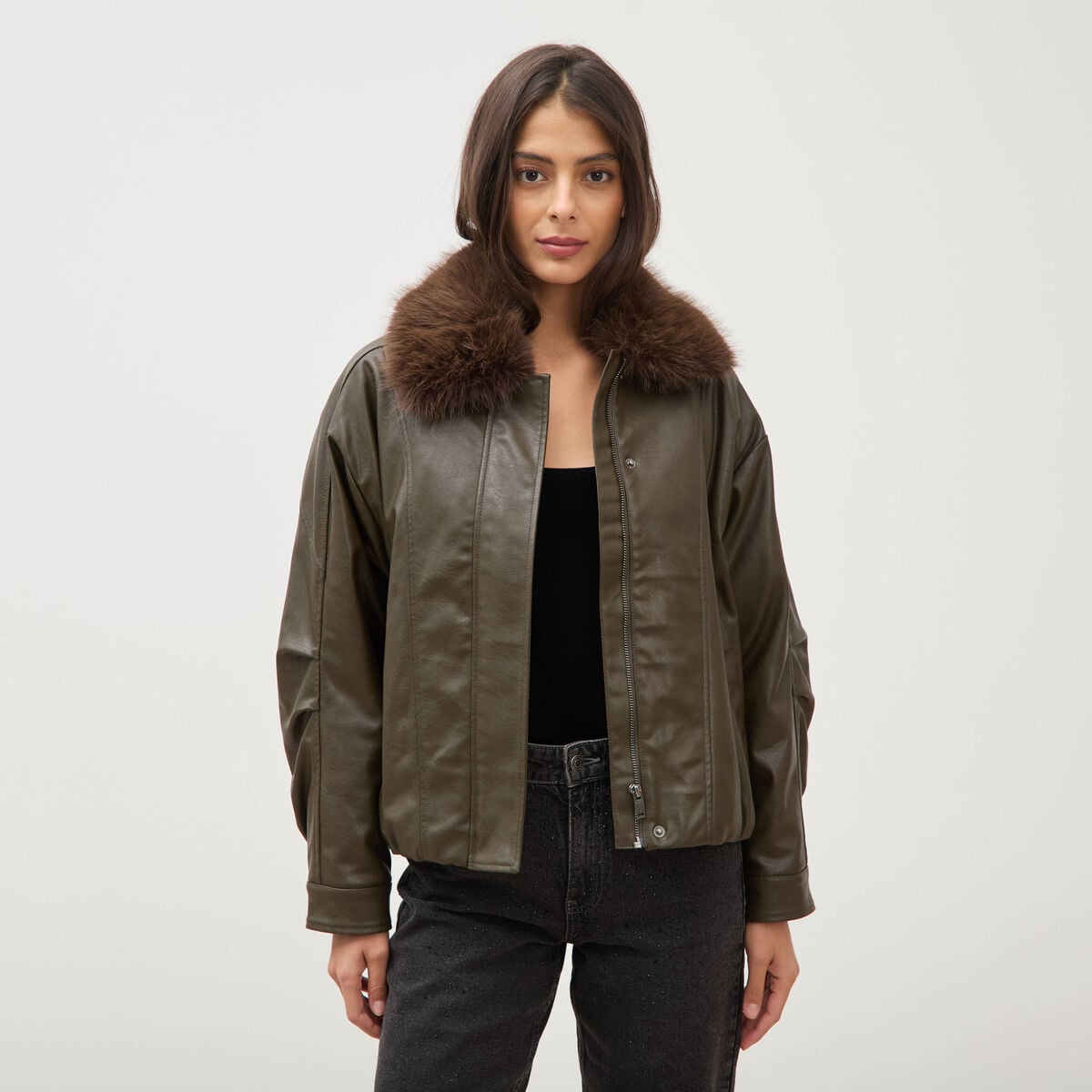 Blouson oversize manches longues vert olive femme