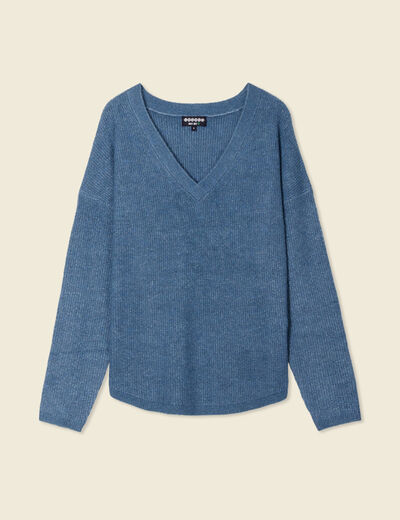 Pull manches longues col en V bleu gris femme