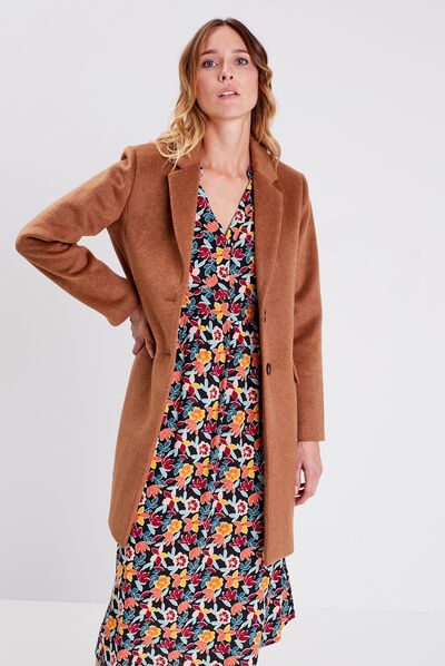 Manteau droit boutonné marron clair femme