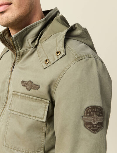 Blouson col montant à capuche vert kaki homme