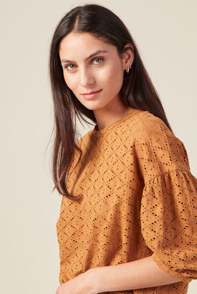 T-shirt manches 3/4 ajouré marron femme
