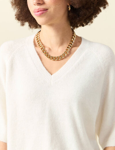 Pull col v manches 3/4 ecru femme