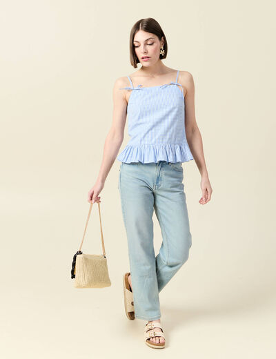 Débardeur droit court col carré bleu gris femme