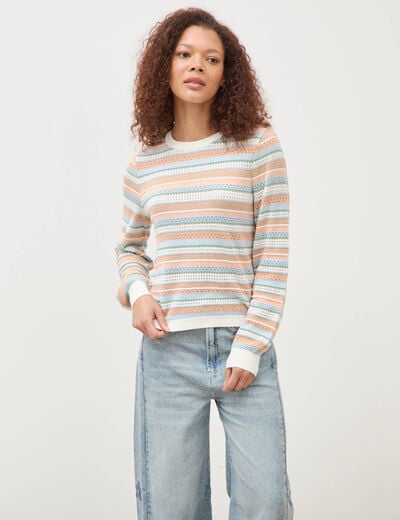 Pull ajour&eacute; col rond manches longues multicolore femme