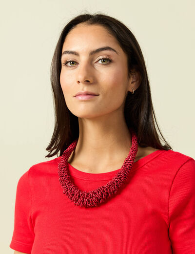 Robe longue bi-mati&egrave;re col rond rouge fonc&eacute; femme