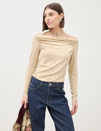 T-shirt ajust&eacute; manches longues bardot beige femme