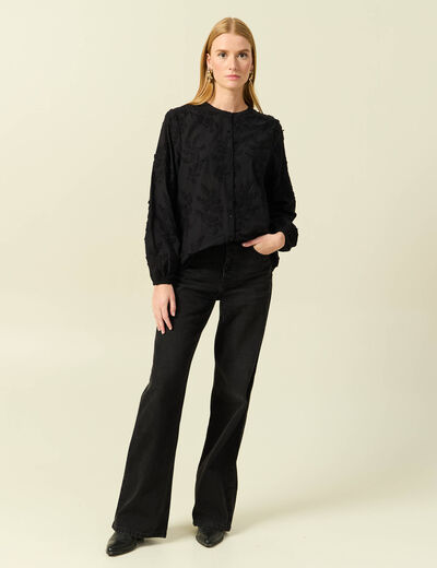 Chemise col rond manches longues brod&eacute;e noir femme