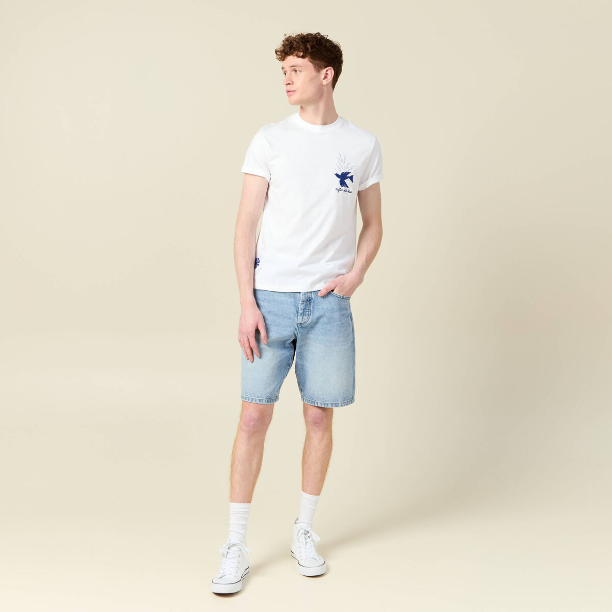 T-shirt manches courtes brodé blanc homme