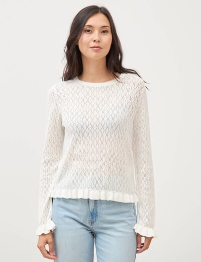 Pull ajour&eacute; col rond manches longues ecru femme
