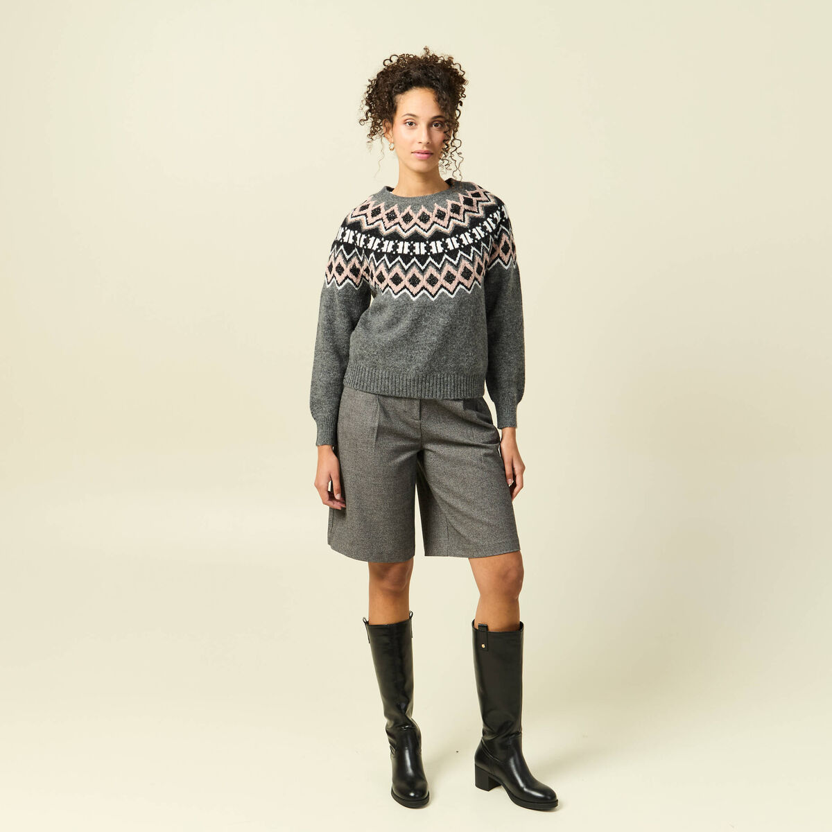 Bermuda large taille haute gris femme
