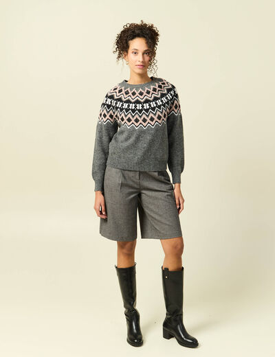 Bermuda large taille haute gris femme