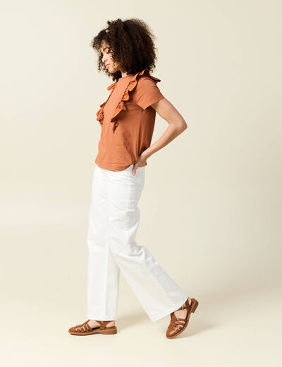 T-shirt en coton manches courtes marron cognac femme