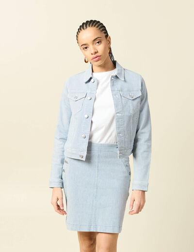 Blouson ajust&eacute; manches longues en jeans denim bleach femme