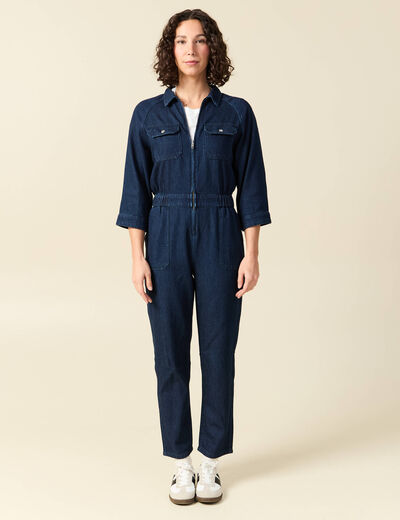 Combipantalon en coton aspect jeans denim brut rinse femme