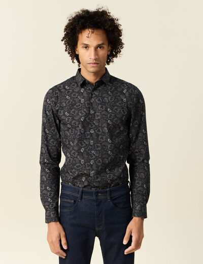 Chemise cintr&eacute;e en coton manches longues noir homme
