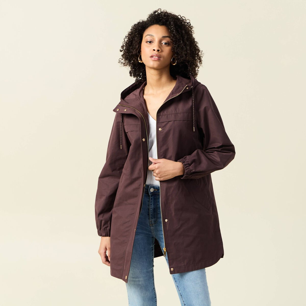 Parka longue à capuche marron foncé femme
